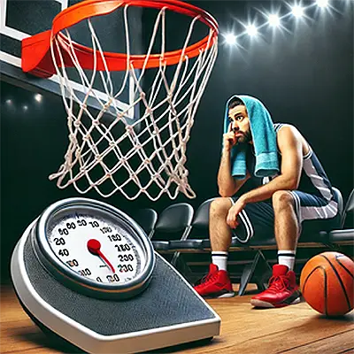 Photo of basketball court, a player and a scale